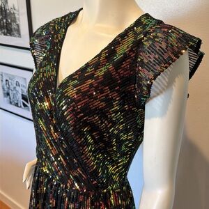NWT Iridescent Sequin Faux Wrap Midi Dress Flutter Sleeves V Neck Midi Dress